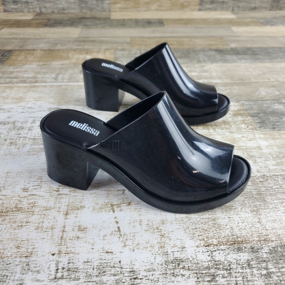 Melissa Womens Mules Sz 5 Black Patent Leather Slip On Block Heel Open Peep Toe